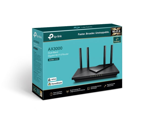 TP-Link Archer AX55 AX3000 Dual Band Gigabit Wi-Fi 6 Router, 2402 Mbps 5GHz, OFDMA, OneMesh, 4x High-Gain Antenna, Improved Battery, Alexa Compatible TP-Link Archer AX55 AX3000 Dual Band Gigabit Wi-Fi 6 Router, 2402 Mbps 5GHz, OFDMA, OneMesh, 4x High-Gain Antenna, Improved Battery, Alexa Compatible